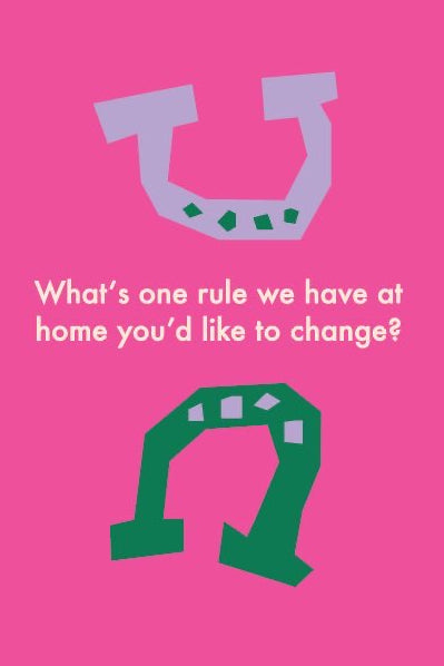 Pink background with green and purple horseshoe symbols and text asking about home rules.
