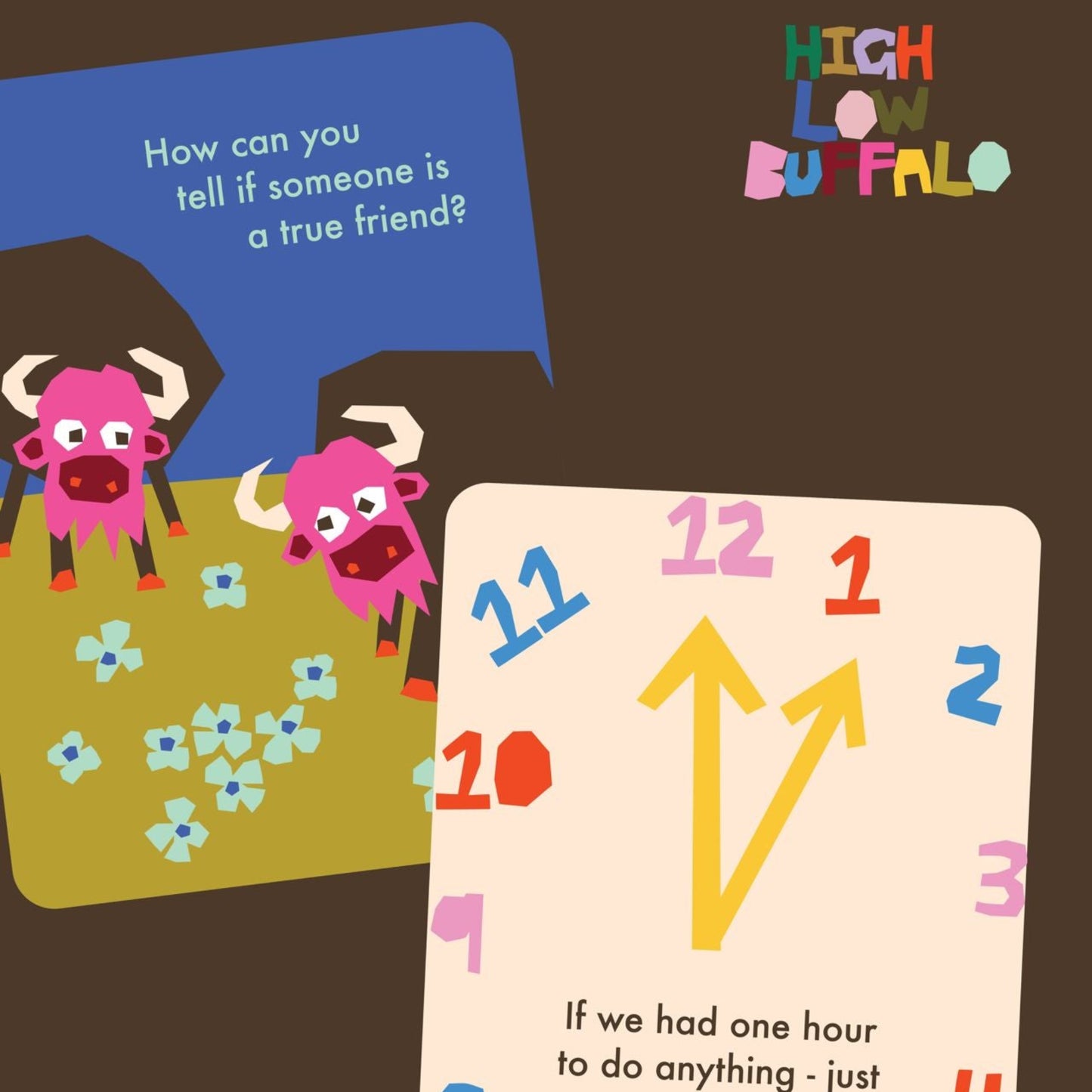 Illustration of two pink buffalo cards with number and question text on a brown background